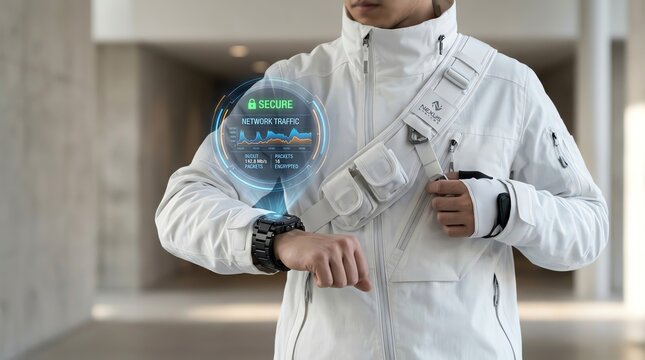 Futuristic man in white techwear viewing secure data hologram projected from smartwatch interface in minimalist urban setting
