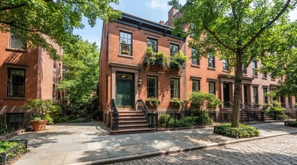 Fototapeta premium Red brick townhouse with green door on sunny tree lined street