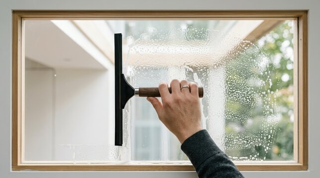 Person cleaning a glass window with a squeegee and soapy water for house maintenance concept
