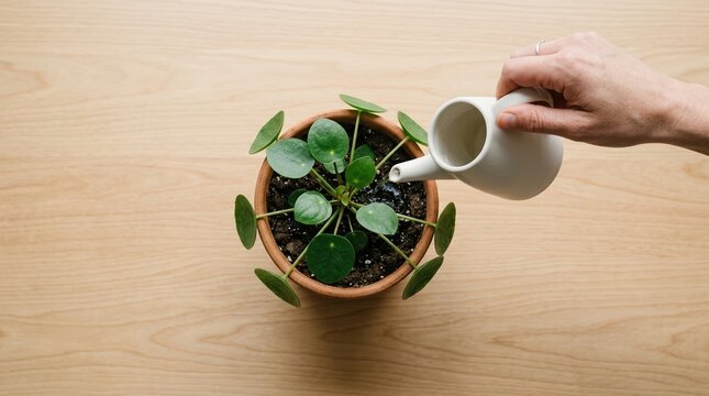 Top view of a person watering a small potted pilea plant on a wooden table, representing home gardening and plant care