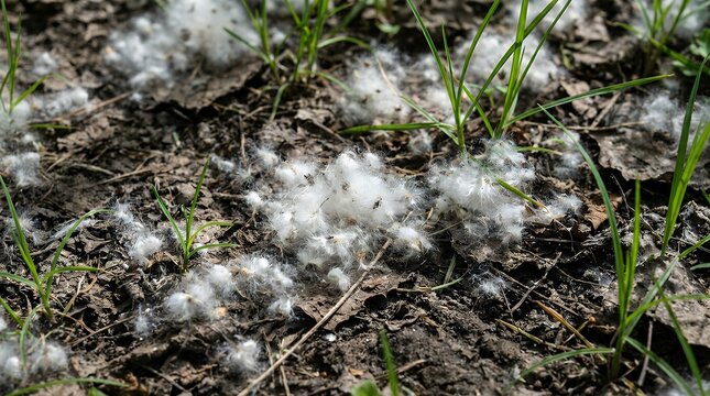 Fluffy White Tree Seeds Scattered On Ground Surface Causing Seasonal Spring Allergies fluff seeds ground dirt soil allergy pollen spring seasonal nature plant natural white cotton environment bloom
