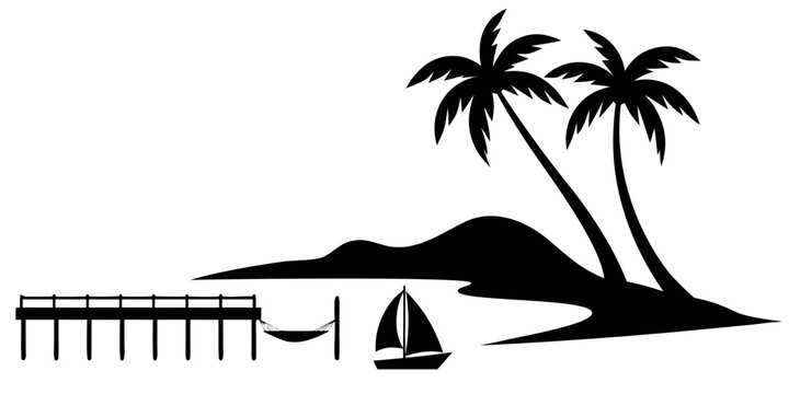 Tropical beach scene with palm tree silhouette and wooden pier sunset