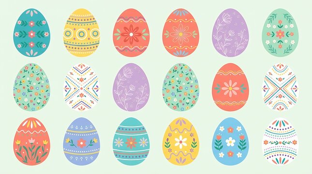 Decorative Floral Easter Eggs Pattern Flat Design VectorColorful decorated spring eggs featuring floral motifs fine lines and dots for easter holiday greetings and festive graphics easter eggs
