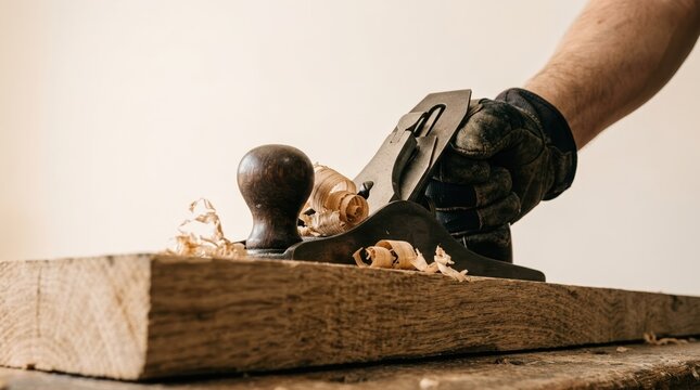 Woodworker using a hand plane to smooth a wooden plank in a carpentry workshop crafting furniture