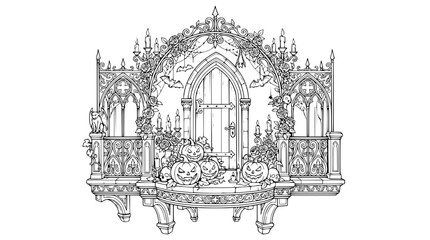 Obraz premium Gothic Balcony with Halloween Pumpkins and Bats