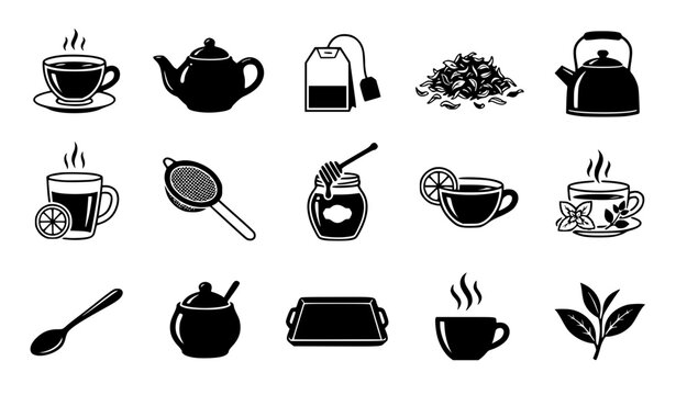 Set of black and white tea and coffee icons featuring cups teapots honey and herbal leaves