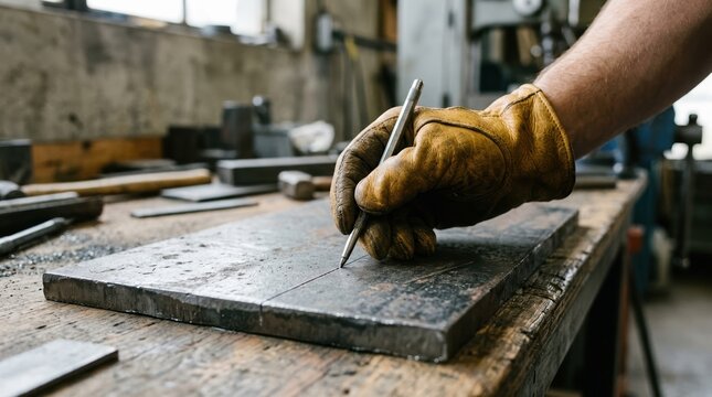 A male craftsman wearing leather work gloves marking a metal plate with a scriber in a workshop