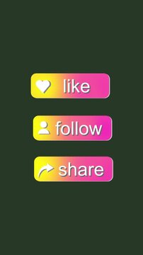 Social media likes follows shares button animation with heart icon person icon and share icon on dark green background motion graphics footage clip.