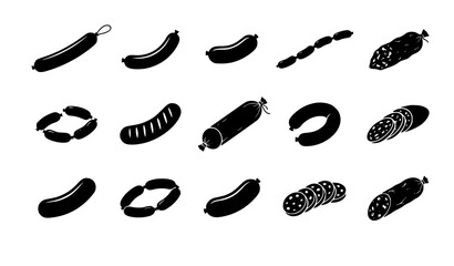 Set of black silhouette icons representing various types of sausages salami and cured meat products © Puley