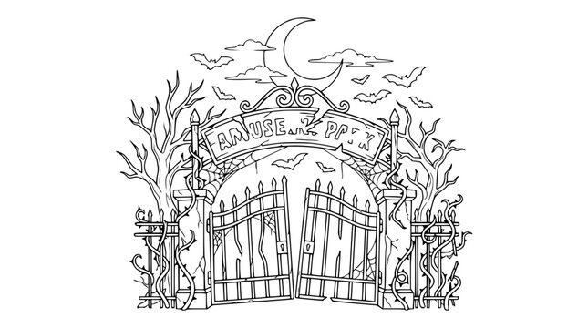 Spooky Amusement Park Entrance Gate with Bats and Moon