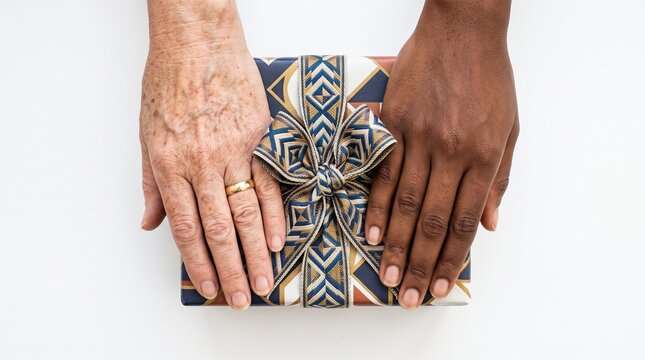 Diverse hands of different ages and ethnicities hold a beautifully wrapped gift symbolizing unity and shared celebration White Background