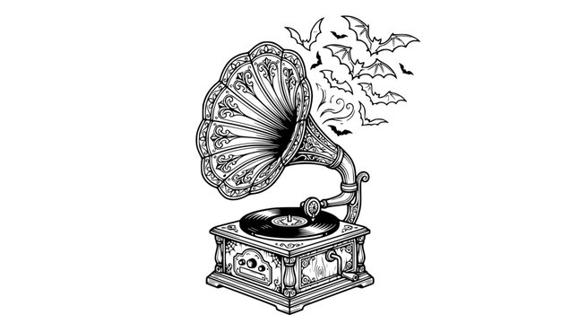 Vintage gramophone playing bats, isolated illustration