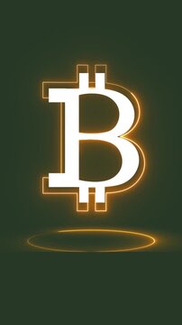Bitcoin symbol animation with glowing neon orange light outlines and pulsing circle on dark green background representing digital currency growth in creative motion graphics.