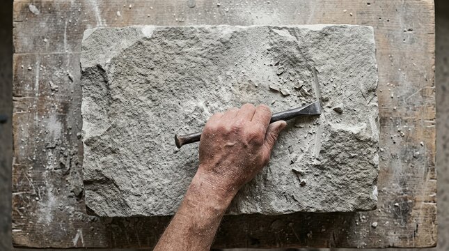 Stonemason shaping a rough stone block with a chisel in a workshop