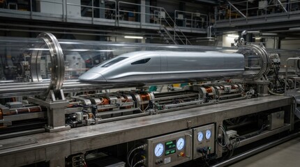Fototapeta premium Low emission maglev transport concept with silver pod in a vacuum tube, magnetic coils, pressure gauges, and aerodynamic sections on a metal platform.