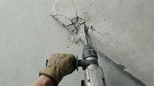 Worker using a jackhammer to demolish a concrete slab, representing construction and renovation