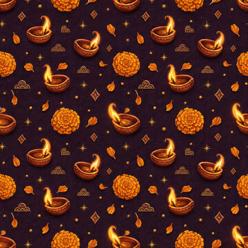 Colorful Diwali Diyas and Marigold Seamless Pattern