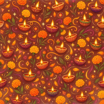 Colorful Diwali Diyas and Marigold Seamless Pattern