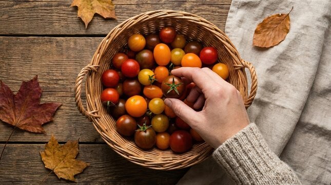 Woman hand picking fresh colorful cherry tomatoes from a wicker basket on a rustic wooden table with autumn leaves