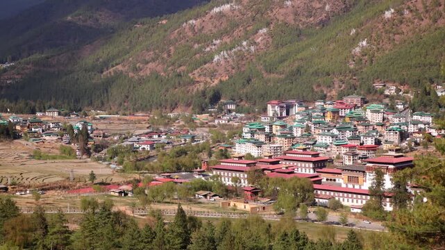 Wide Angle Panorama Tashichho Dzong and Thimphu Skyline, with Forested Mountains in Bhutan
