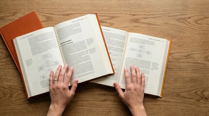 Fototapeta premium Open books with diagrams and text on wooden table being read by people for education and research