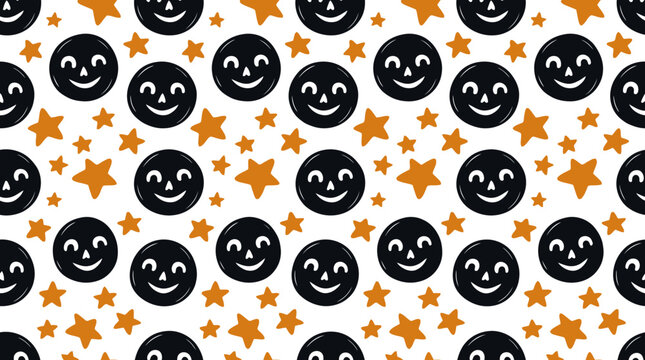 Cute Seamless Pattern with Black Smiling Faces and Orange Stars
