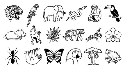 Naklejka premium Black White Line Art Icons Set of Jungle Rainforest Wildlife: Tropical Animals and Flora Illustrations
