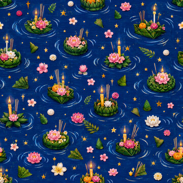 Traditional Loy Krathong Festival Seamless Pattern
