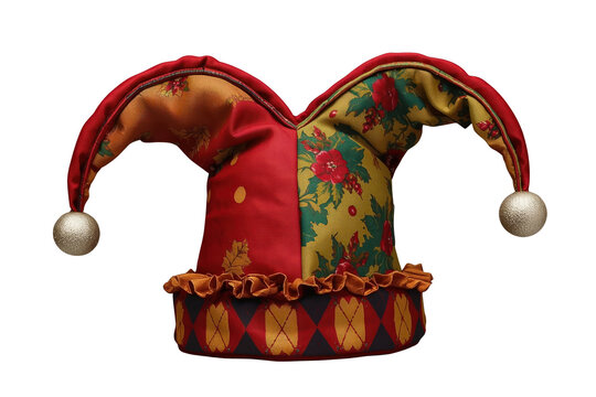 Red and green festive jester hat with bells