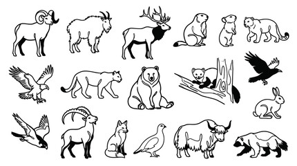 Naklejka premium Wildlife Animals Line Art Icons - Black and White Outline Vector Collection