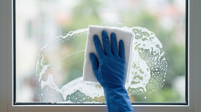 Person wearing blue rubber gloves cleaning a dirty window with a white cloth and soapy water representing household chores and home maintenance