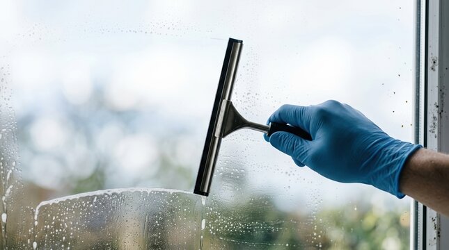 Professional window cleaning service with squeegee and soapy water on glass pane