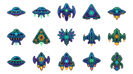 Collection of futuristic alien spacecraft and UFOs in various designs. © zada