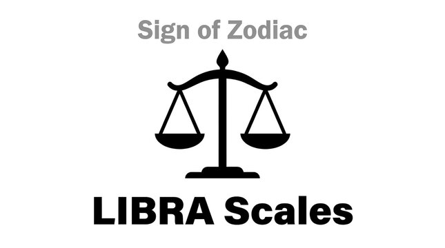 Minimalist Libra zodiac sign featuring black scales and bold text.