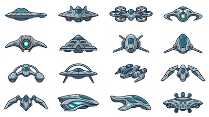 Collection of futuristic alien spacecrafts and UFOs. © zada