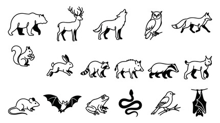 Fototapeta premium Black and White Line Art Wild Animals Icons Set. Nature and Forest Creatures Outline Collection.
