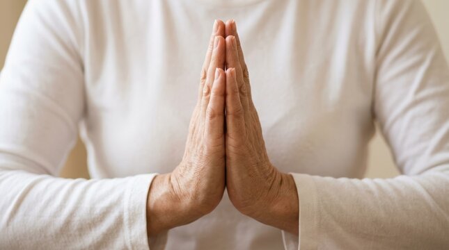 Middle-aged woman in white shirt holding hands in prayer gesture meditation or gratitude concept