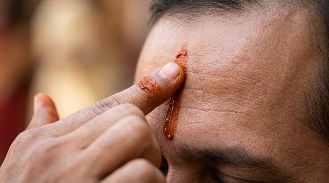 Applying Tilak on forehead of a man during Hindu religious ceremony