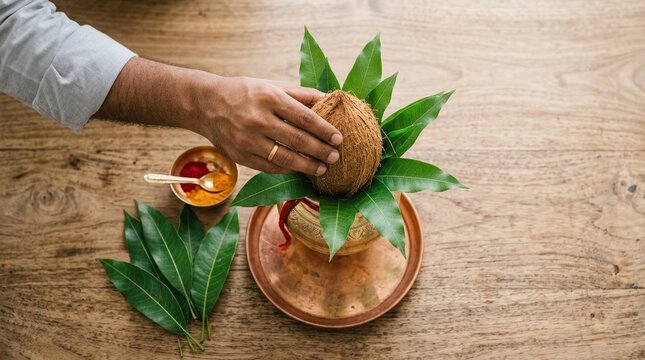 Indian traditional ritual setup with coconut mango leaves and brass kalash for puja ceremony