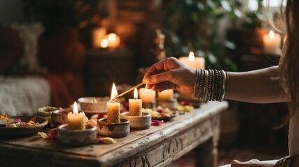 Obraz premium Woman lighting beeswax candles on rustic wooden table for cozy spiritual ritual and meditation practice