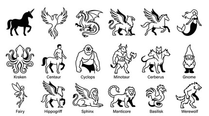 Obraz premium Mythical Creatures Vector Icons - Black White Line Art Fantasy Characters
