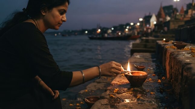 Indian woman lighting clay lamp during evening prayer by the river in Varanasi