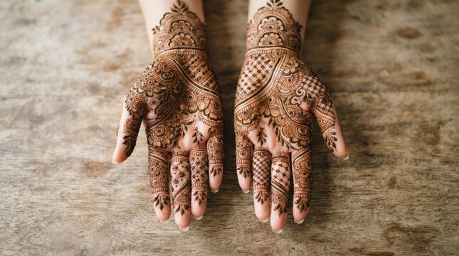 Intricate bridal henna tattoo art on young indian woman hands for traditional wedding celebration