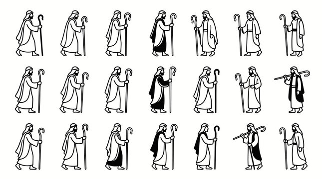 Religious Shepherd Icons: Black and White Line Art and Glyph Figures with Staffs, Biblical Theme Vector Set