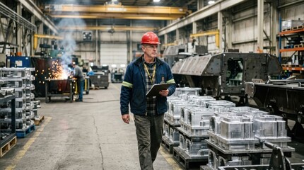 Fototapeta premium factory supervisor in hard hat and safety glasses walking past machined housings, armored parts, welding sparks, and pallets in defense manufacturing hall