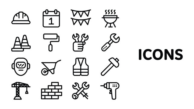 Construction and Building Tools Icon Set with Safety, Repair and Industrial Symbols