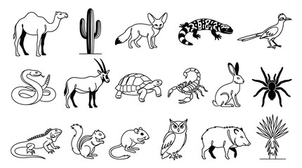 Fototapeta premium Desert Wildlife and Nature Collection: Black and White Line Art Icons of Arid Land Animals and Plants.