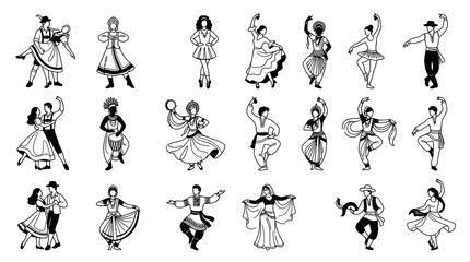 Naklejka premium Black and White Line Art of Diverse People Dancing in Traditional Outfits