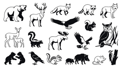 Obraz premium Black and White Line Art Forest Animals, Wildlife Icon Set