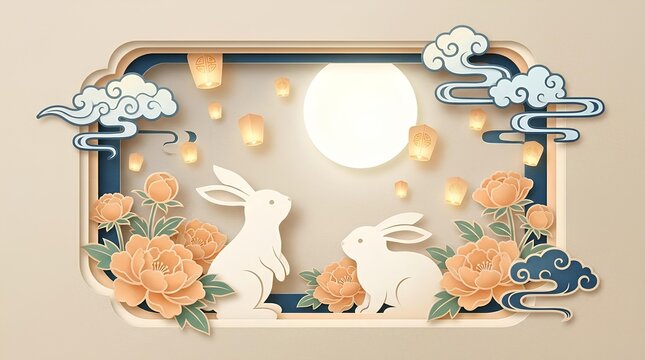 Paper cut Mid-Autumn Festival with rabbits.